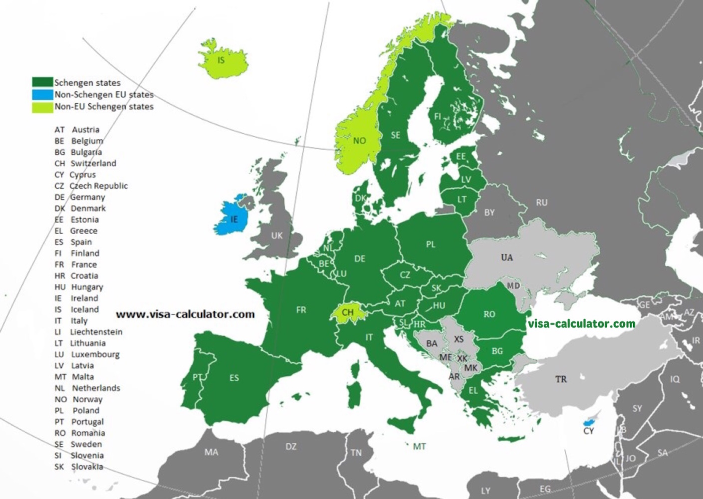 Schengen map and the Schengen States